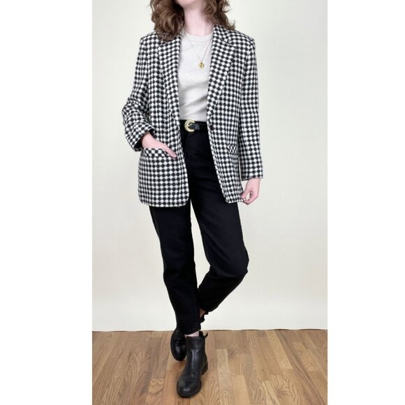 Vintage Wool Knit Blazer Check Plaid Oversized Relaxed Fit Preppy Jacket Coat - Picture 2 of 8